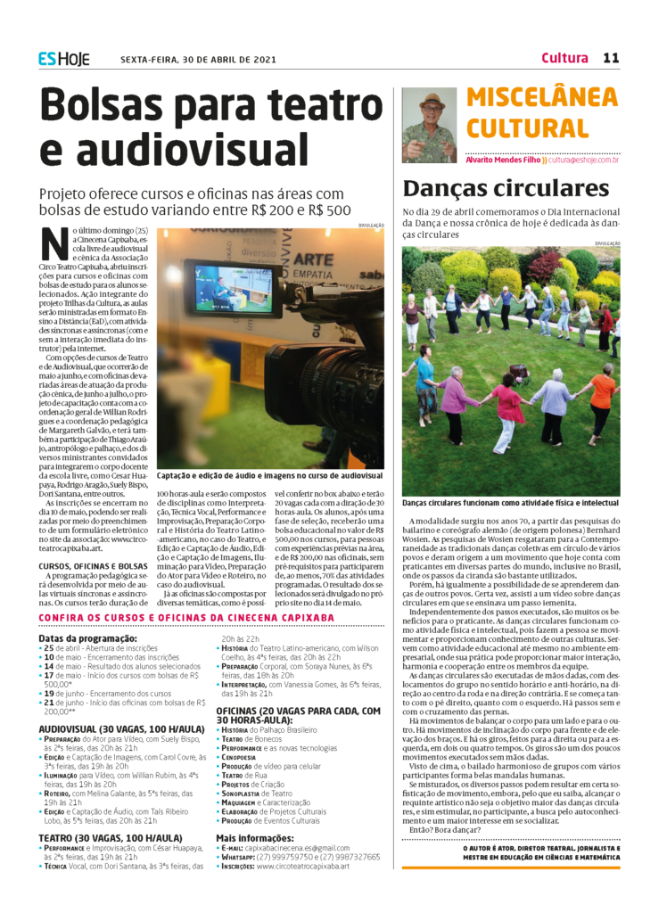 Bolsas para teatro e audiovisual | Jornal ES Hoje